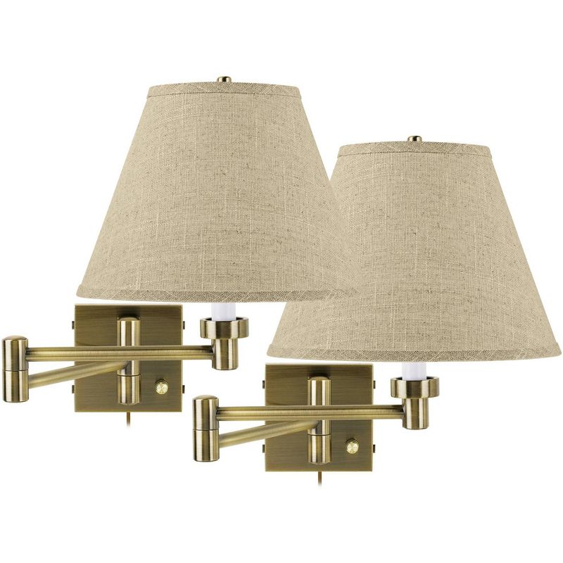 Barnes and Ivy Modern Swing Arm Wall Lamps Set of 2 Antique Brass Plug-In Light Fixture Fine Burlap Empire for Bedroom Living Room, 1 of 4