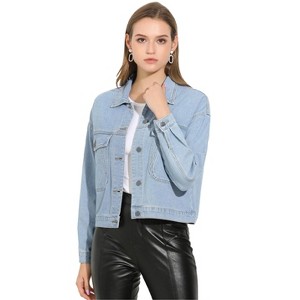 Allegra K Women's Button Down Long Sleeve Denim Jacket - 1 of 4