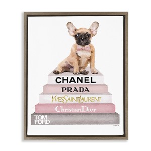 Stupell Industries Watercolor Bookstack French Bulldog Floating Frame Canvas Art, Brown, 17" x 21" - 1 of 4