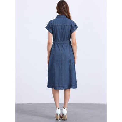 Женские платья INSPIRE CHIC Women's Denim Casual Button Down Short Sleeves Belted Midi Dress Large Dark Blue — фото 3