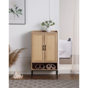 ORRD 5-Tier Wooden Shoe Cabinet with Rattan Doors & Open Shelves – Natural Finish - 1 of 4