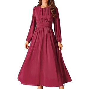 INSPIRE CHIC Women's Crewneck Lantern Long Sleeves A-Line Pleated Chiffon Maxi Formal Dress - 1 of 4