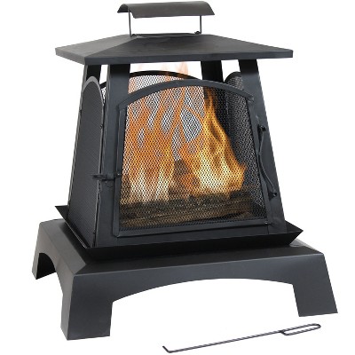 Sunnydaze Outdoor Camping or Backyard Steel Pagoda Style Fire Pit with Log Poker and Wood Grate - 32" - Black