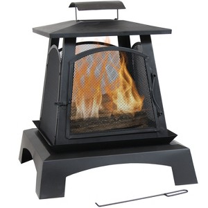 Sunnydaze Outdoor Camping or Backyard Steel Pagoda Style Fire Pit with Log Poker and Wood Grate - 32" - Black - 1 of 4