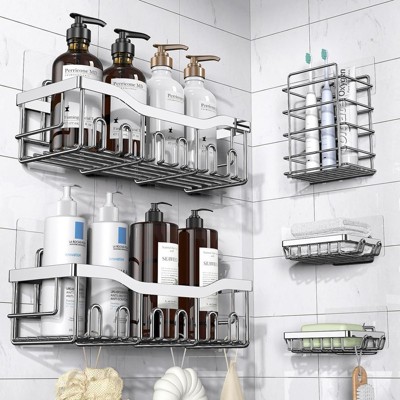 Attop Silver 5-Pack Rust-Resistant Stainless Steel Large Capacity Shower Shelves - No Drilling or Gluing Required Bathroom Storage Racks
