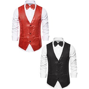 Lars Amadeus Men's Sleeveless Sparkle Sequin Party Prom Waistcoat with Bow Tie 2 Packs - 1 of 4