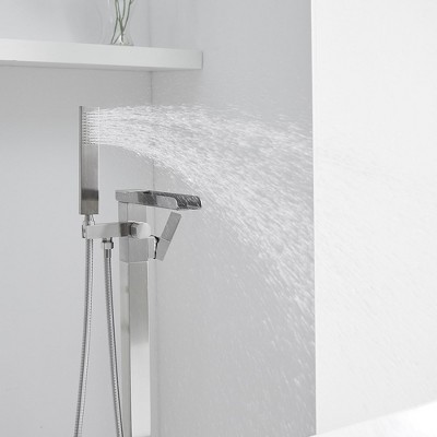 Brushed Nickel Freestanding Waterfall Tub Faucet with Hand Shower