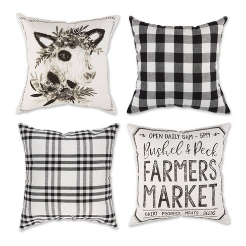 4pk 18x18 Cow and Farmers Market Farmhouse Check and Printed Square Throw  Pillow Covers - Design Imports