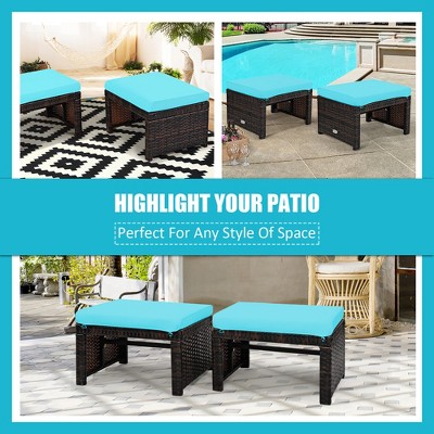 Turquoise Cushioned Rattan Patio Ottoman Set with Steel Frame