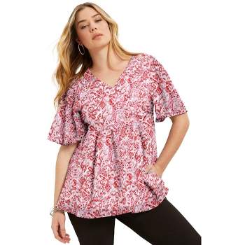 June + Vie by Roaman's Women's Plus Size Faux Wrap Fit-and-Flare Top
