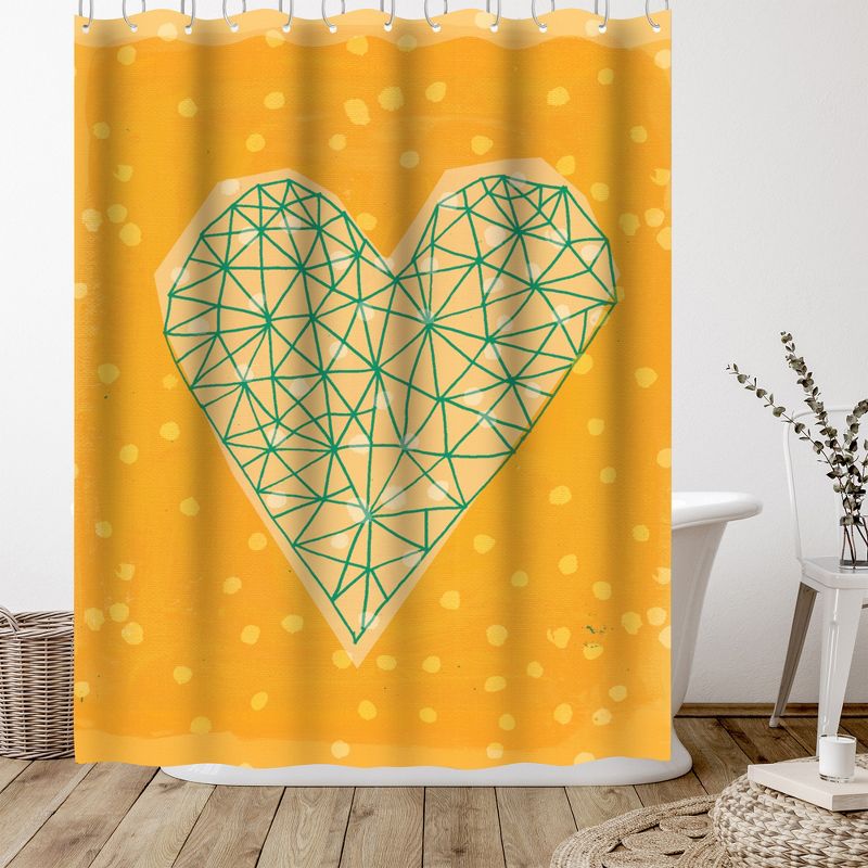 Americanflat 71" x 74" Shower Curtain, Geometric Heart In Yellow by Paula Mills, 5 of 9