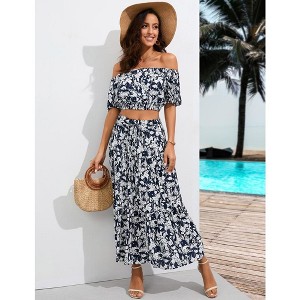 Women's Summer Floral Printed 2 Piece Outfit Off Shoulder Crop Top and Boho Tropical Long Skirt Set - 1 of 4