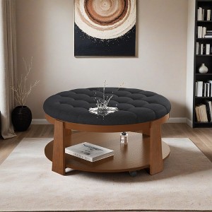 Modern Large Round Ottoman Coffee Table 2-Tier Oversized Button Tufted Ottoman with Wood Shelf Storage Upholstered Coffee Table - Leovsnove - 1 of 4