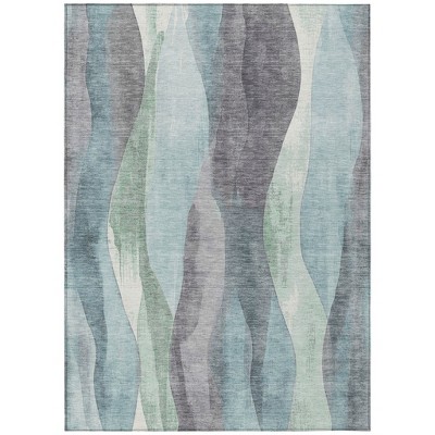 Teal Blue And Fern Green Abstract Washable Indoor Outdoor Area Rug