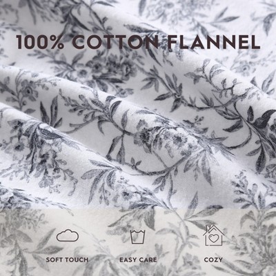 Queen Black Floral Cotton Flannel Sheet Set