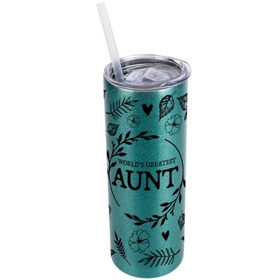 Elanze Designs Floral Turquoise Blue 20 Ounce Double Wall Stainless Steel Glitter Travel Tumbler With Sliding Lid And Straw, World's Greatest Aunt