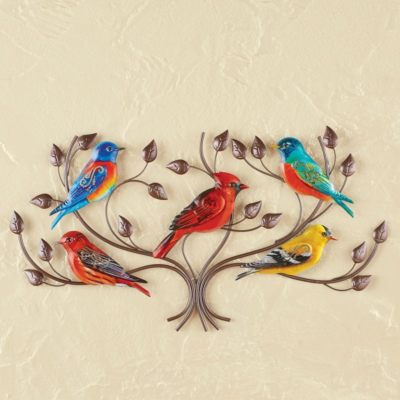 Collections Etc Colorful Birds in a Brass Tree Metal Wall Art Decor 25" x 1" x 14.25", 2 of 3