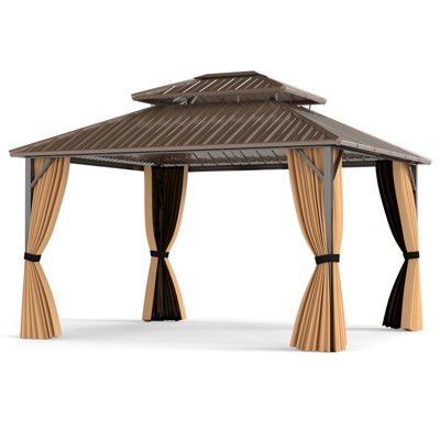 Tangkula 14 x 12 FT Hardtop Gazebo w/ Netting Heavy-Duty Double-Roof Galvanized Metal Top