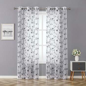 Kate Aurora 2 Piece Scroll Floral Embroidered Sheer Voile Grommet Top Window Curtains
