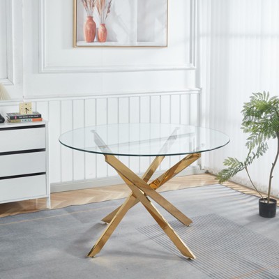 Homy Casa Round Glass Dining Table with Gold Metal Cross Base for Kitchen or Dining Room