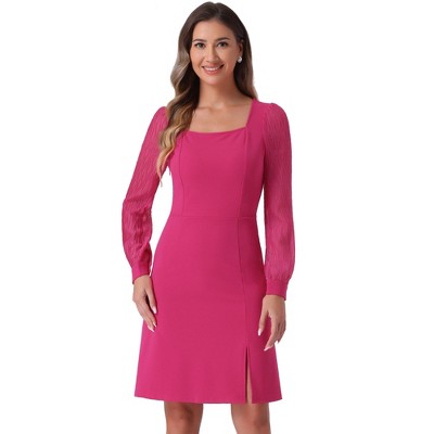 Allegra K Women's Square Neck Split Side Semi-Sheer Puff Sleeve Mini A-Line Dress