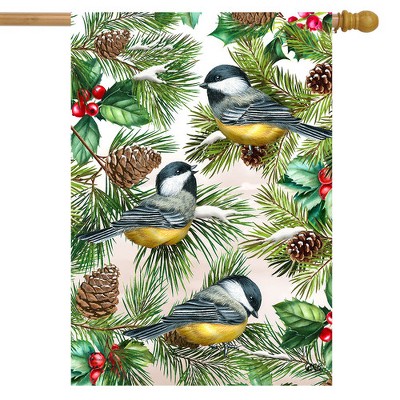 Winter Chickadees Polyester Garden Flag with Pinecones and Berries