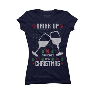 Junior's Design By Humans Drink Up Grinches Ugly Christmas Sweater By shirtpublic T-Shirt - 1 of 3