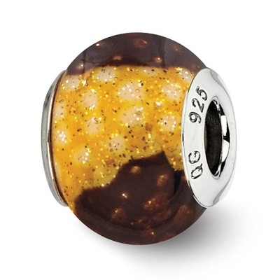Black Bow Jewelry Brown, Yellow Glitter Overlay Glass & Sterling Silver Bead Charm, 15mm