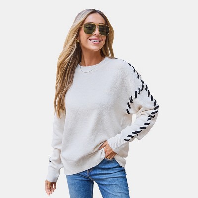 Women's Cozy Cream Knit Sweater with Black Dash Sleeve Detail - Cupshe