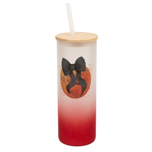 Elanze Designs 25 Ounce Frosted Glass Gradient Travel Tumbler With Straw and Wooden Lid, Basketball With Black Bow Red - 1 of 1