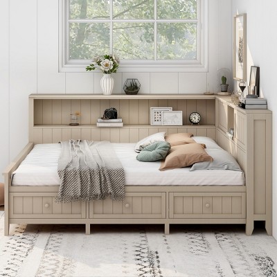 1 Storage Daybed Frame, Solid Wood Bed with Shelves and 3 Drawers, No Box Spring Needed - Baofuwish