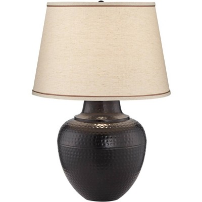 Barnes and Ivy Farmhouse Rustic Style Table Lamp with Table Top Dimmer Bronze Metal Beige Fabric Drum for Living Room House