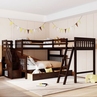 NicBex Twin over Full Bunk Bed Pine Triple Bed Frame with Drawers, Shelves, Storage Stairs, Ladder and Guardrail, No Box Spring Required