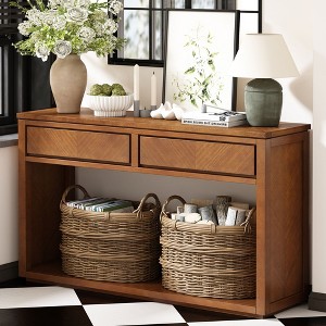 55" Console Table, Rustic Wooden Entryway Table with Storage Drawers and Open Shelf, Elegant Sofa Table for Hallway and Living Room (Brown) - 1 of 4