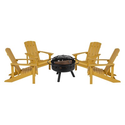 Flash Furniture 5 Piece Charlestown Poly Resin Wood Adirondack Chair Set with Fire Pit - Star and Moon Fire Pit with Mesh Cover