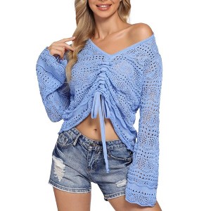 Drawstring Knitted Long Sleeve V Neck Blouse Women Adjustable Crochet Crop Tops - 1 of 4