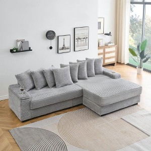 Resenkos 111.4" Reversible Chaise Sectional, Corduroy Fabric with Armrest Storage and Cup Holders, - 1 of 4