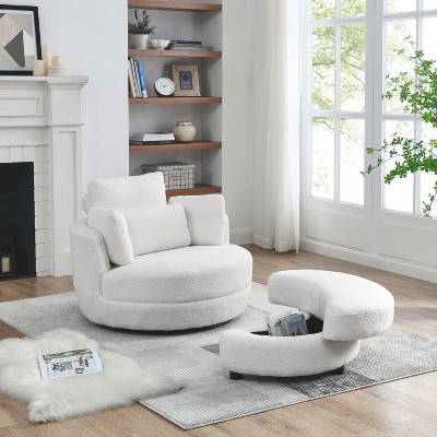 Jupiter 33.5 High Back Wide White Faux Shearling Lounge Lounge Chair  Chaise and Ottoman Foot Rest Set-The Pop Maison