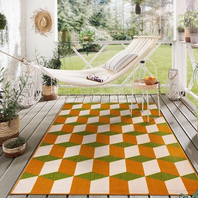 Vibrant Geometric Orange Synthetic 5' x 7' Flatwoven Indoor/Outdoor Rug
