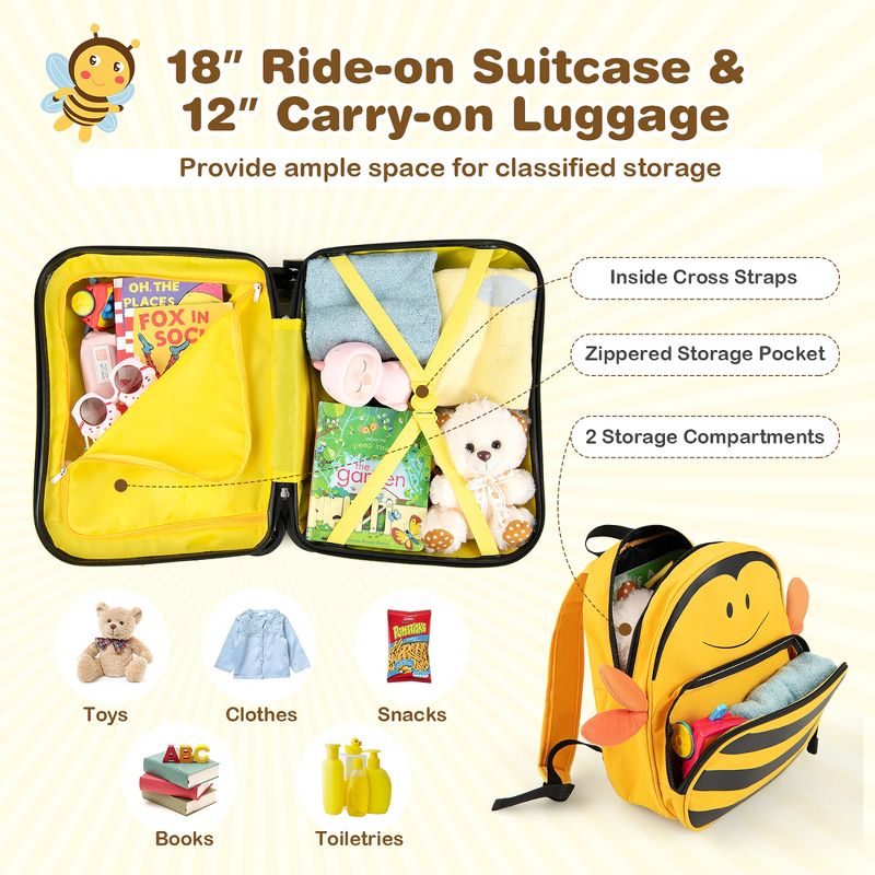 Costway 2PC Kids Ride-on Luggage Set 18'' Carry-on Suitcase & 12'' Backpack Anti-Loss Rope Yellow, 5 of 11