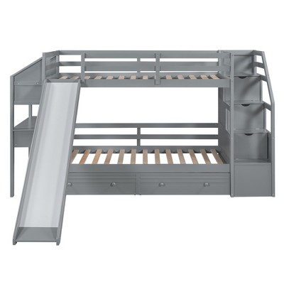 Bellemave Twin over Twin Bunk Bed with Storage Staircase, Slide and Drawers, Desk with Drawers and Shelves, Gray