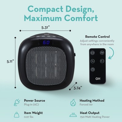 Black Wall-Mount Electric Mini Heater with Thermostat