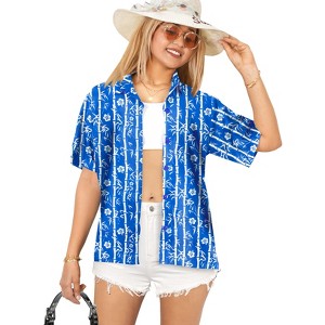 LA LEELA Hawaiian Shirts Womens Floral Summer Button Down Party Blouse Shirt Blouses Short Sleeve Vacation Casual Button Up Tee Shirts - 1 of 4