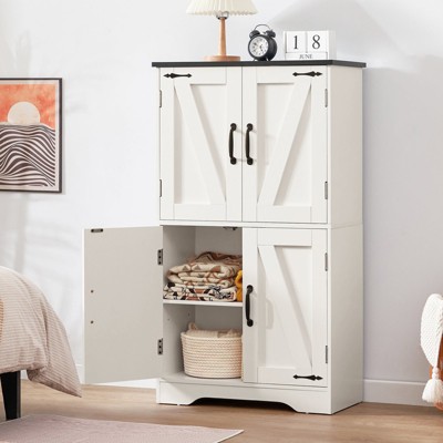 USIKEY Farmhouse Storage Cabinet with 2 Adjustable Shelves, Bathroom Cabinet with 4 Doors, Kitchen Cabinets, Cupboard for Kitchen, Living Room