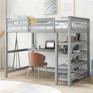 RISOKEYS Full Size Wood Loft Bed with Desk and Shelves - Full Size Loft Bed with 4-Storage Shelves and Under-Bed Desk Solid Wood Bed - Gray - 1 of 4