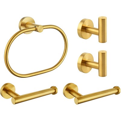 Mixxidea Round Toilet Paper Holders 2 PCS, Towel Hook 2 PCS, Oval Towel Ring (Brushed Gold)