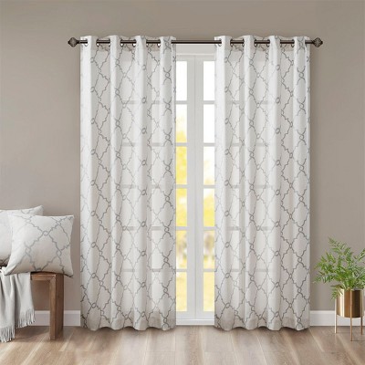 Yukimo 63" Fretwork Print Grommet Top Curtain Panel - Beige+Grey Geometric Design, Opaque Privacy Curtain, Machine Washable