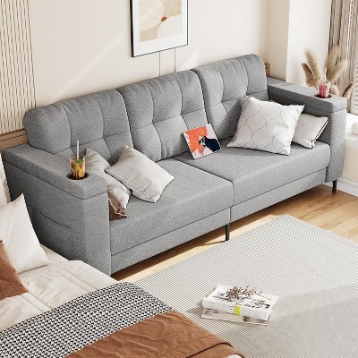 83" Modern Sofa Bed, 3 Seat Couch with Storage Armrests & Side Pockets, Modern Teddy Fabric Couch, for Living Room and Bedroom