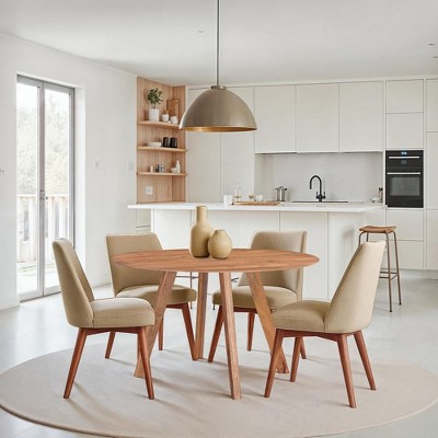 Royal Hampton Dining Table | 47" Round Top | Handmade Natural Brown Mango Wood | Angled Four Legged Base