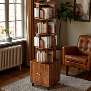 Mshliw 5-Tier Rotating Bookshelf with Drawer, 360° Spinning Corner Bookcase Storage Rack for Small Spaces, Bedroom, or Living Room - 1 of 4